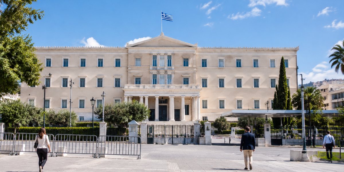 Πρόσοψη υπουργείου στην Ελλάδα, με πεζοδρόμιο, ασπίδες ασφαλείας και μακρινούς περαστικούς από πίσω.