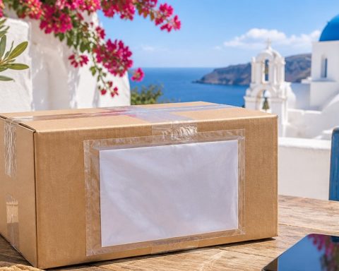 Κοντινό πλάνο δέματος σε τραπέζι δίπλα σε smartphone, με λευκή δηλωτική θήκη χωρίς κείμενο ή σήματα.
